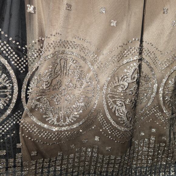 R & M Richards Womens Size 6 Beige Prom Dress Black Lace Overlay Glitter Formal - Picture 4 of 14